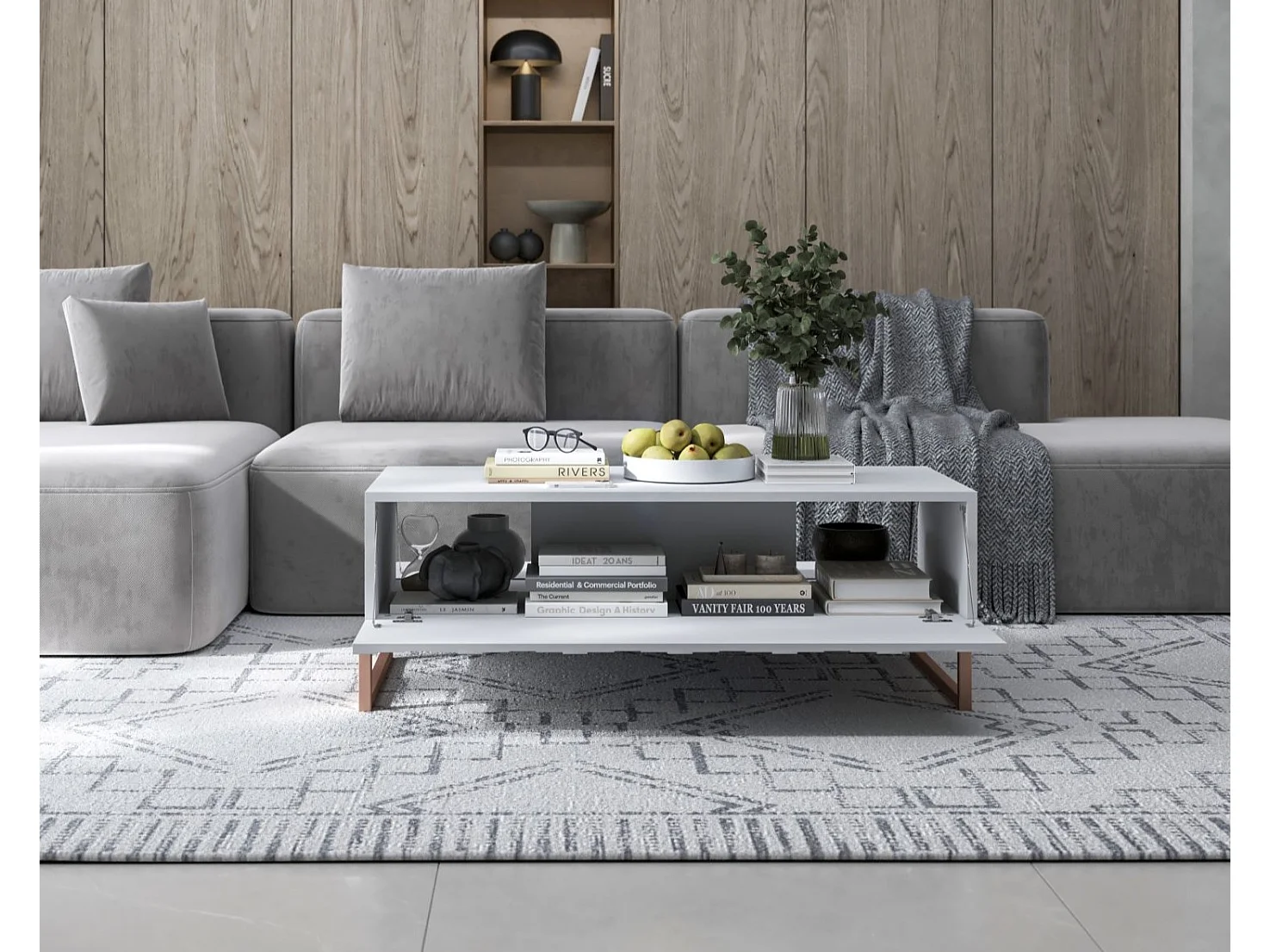 Table basse avec 2 portes - Corps Blanc mat, façades rainurées Blanc mat - 110 cm, cadre en métal