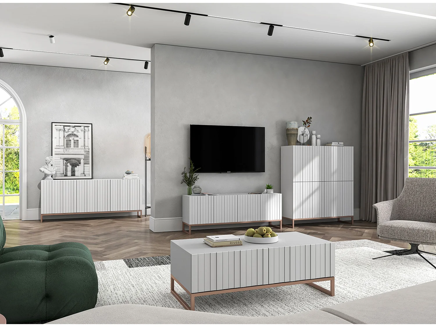 Table basse avec 2 portes - Corps Blanc mat, façades rainurées Blanc mat - 110 cm, cadre en métal