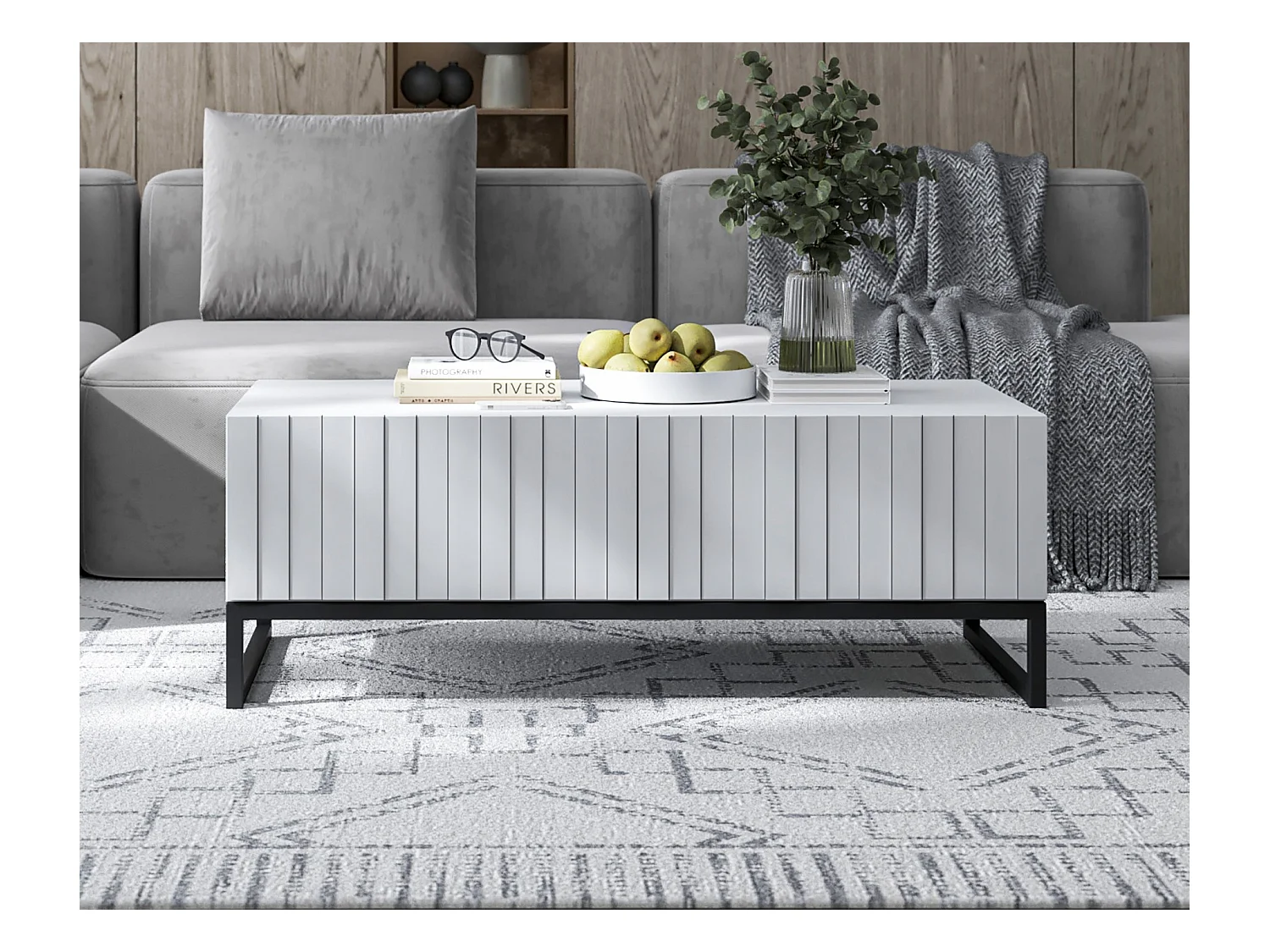 Table basse avec 2 portes - Corps Blanc mat, façades rainurées Blanc mat - 110 cm, Cadre en métal noir