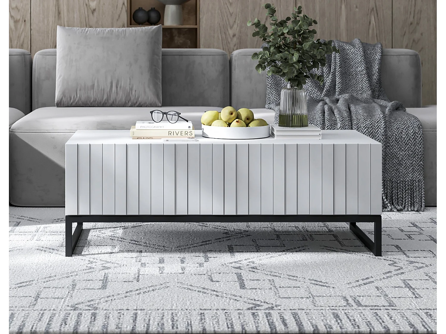 Table basse avec 2 portes - Corps Blanc mat, façades rainurées Blanc mat - 110 cm, Cadre en métal noir