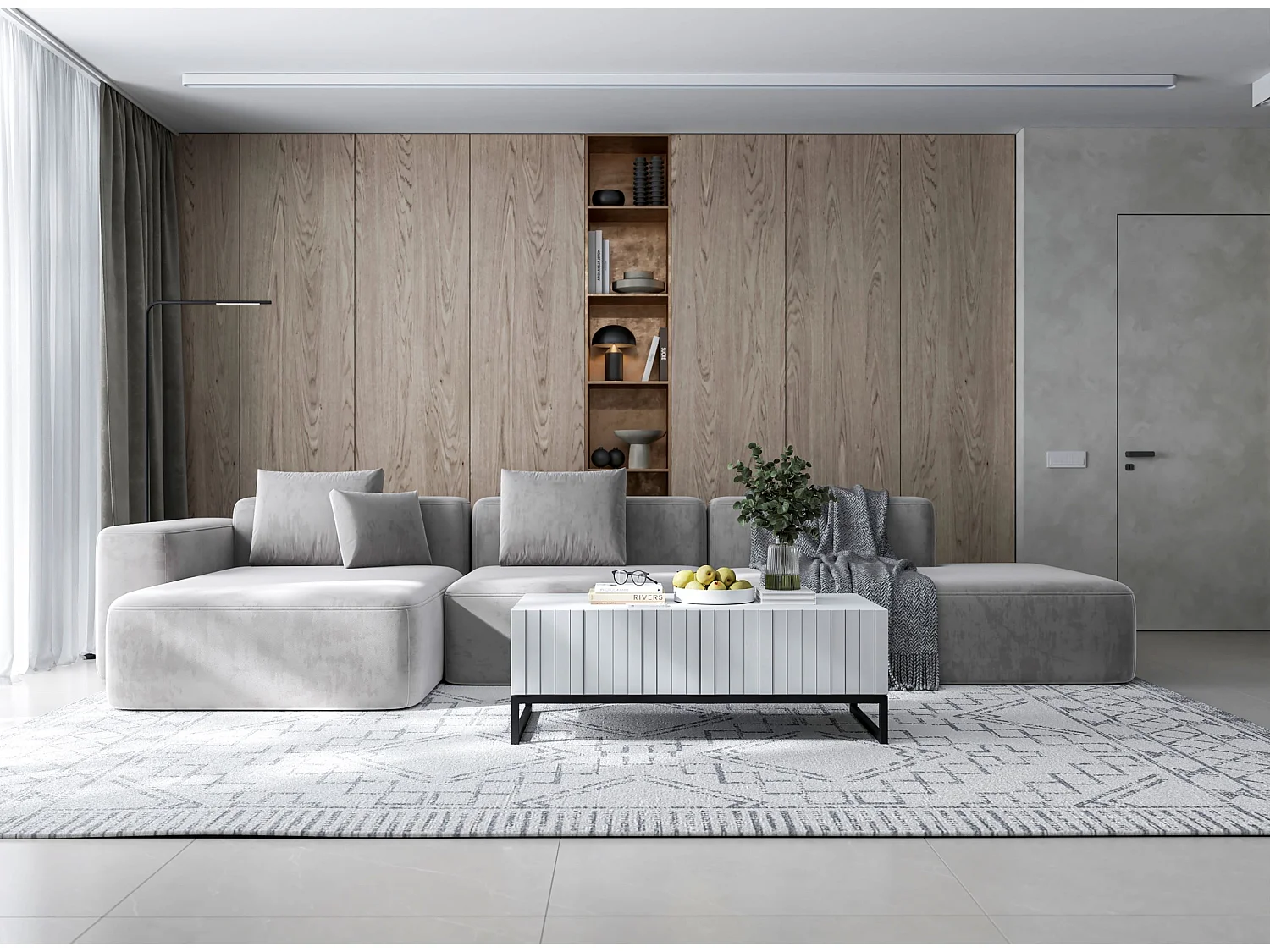 Table basse avec 2 portes - Corps Blanc mat, façades rainurées Blanc mat - 110 cm, Cadre en métal noir