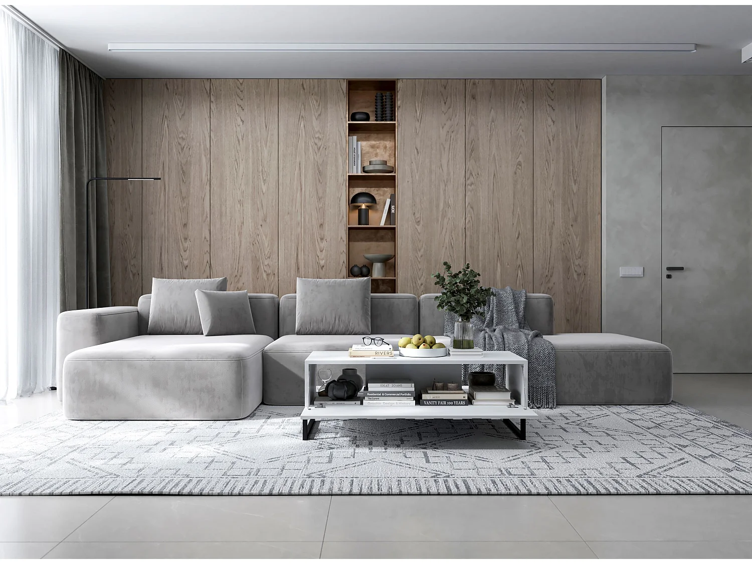 Table basse avec 2 portes - Corps Blanc mat, façades rainurées Blanc mat - 110 cm, Cadre en métal noir