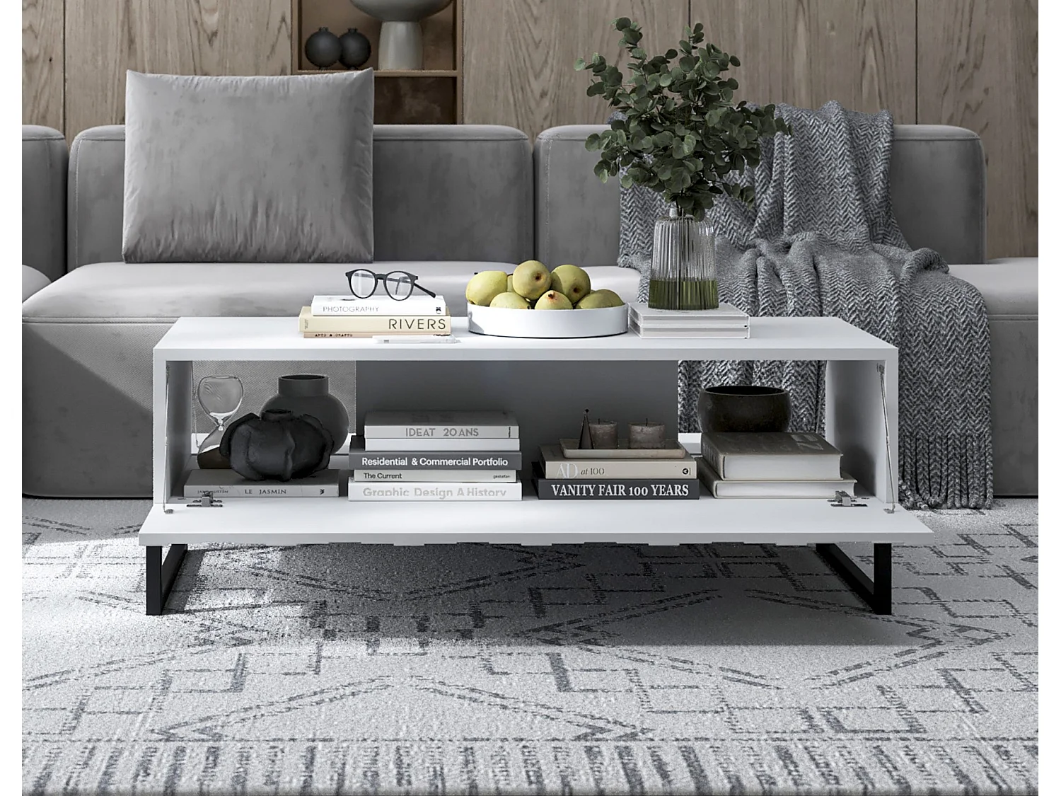 Table basse avec 2 portes - Corps Blanc mat, façades rainurées Blanc mat - 110 cm, Cadre en métal noir