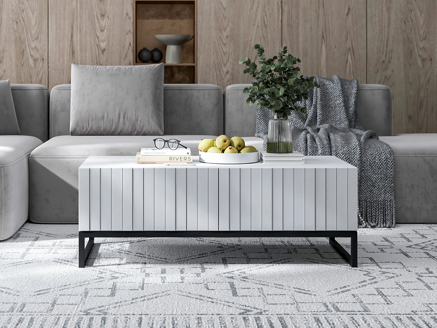 Table basse avec 2 portes - Corps Blanc mat, façades rainurées Blanc mat - 110 cm, Cadre en métal noir