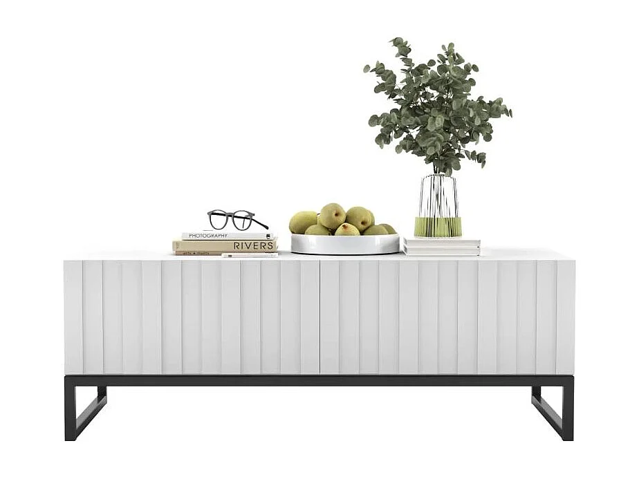 Table basse avec 2 portes - Corps Blanc mat, façades rainurées Blanc mat - 110 cm, Cadre en métal noir