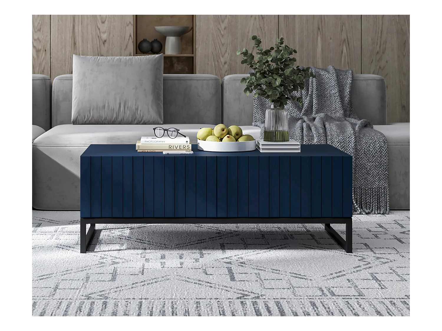 Table basse avec 2 portes - Corps Bleu marine mat, façades rainurées Bleu marine mat - 110 cm, Cadre en métal noir