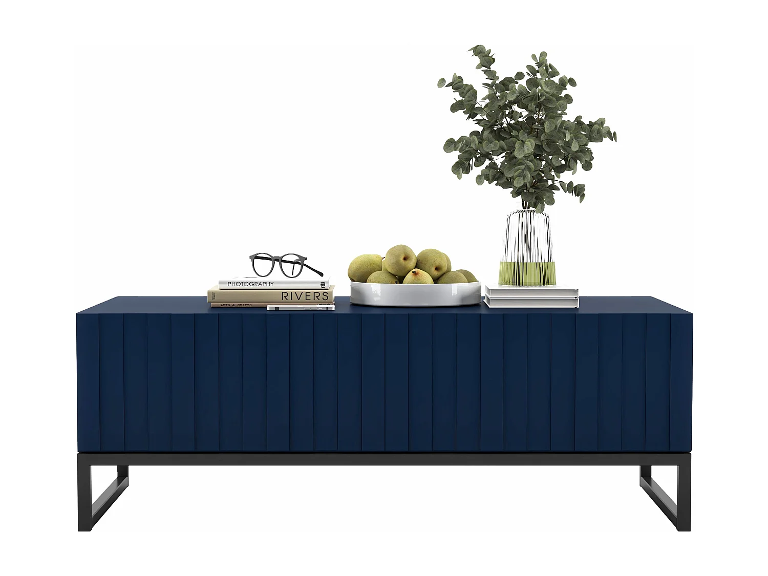 Table basse avec 2 portes - Corps Bleu marine mat, façades rainurées Bleu marine mat - 110 cm, Cadre en métal noir