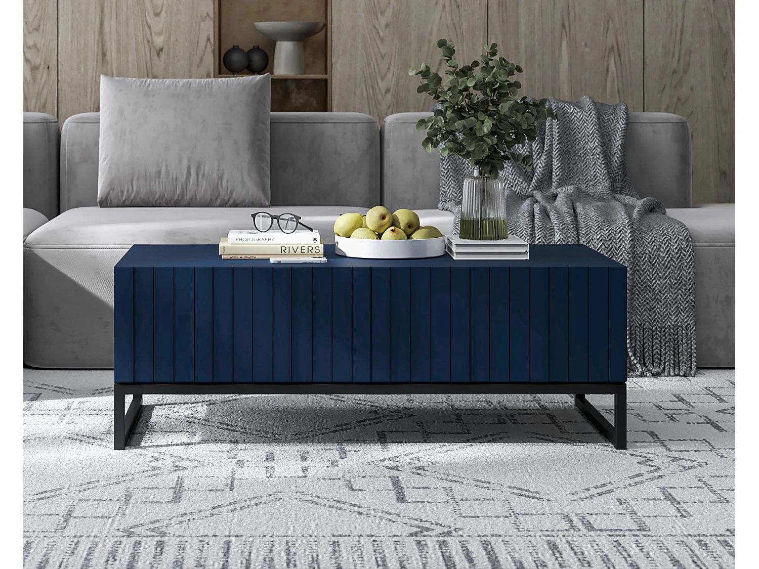 Table basse avec 2 portes - Corps Bleu marine mat, façades rainurées Bleu marine mat - 110 cm, Cadre en métal noir