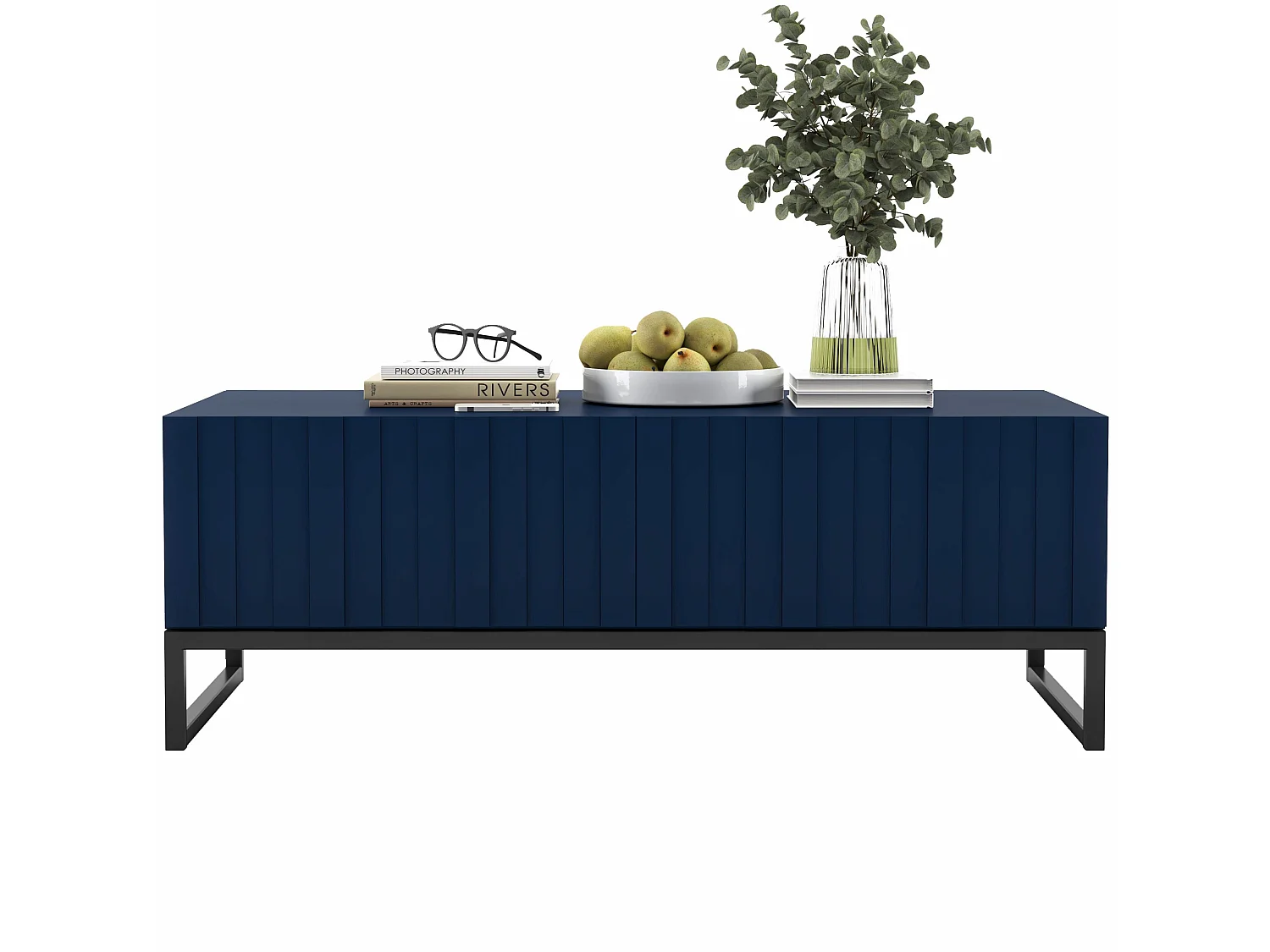 Table basse avec 2 portes - Corps Bleu marine mat, façades rainurées Bleu marine mat - 110 cm, Cadre en métal noir