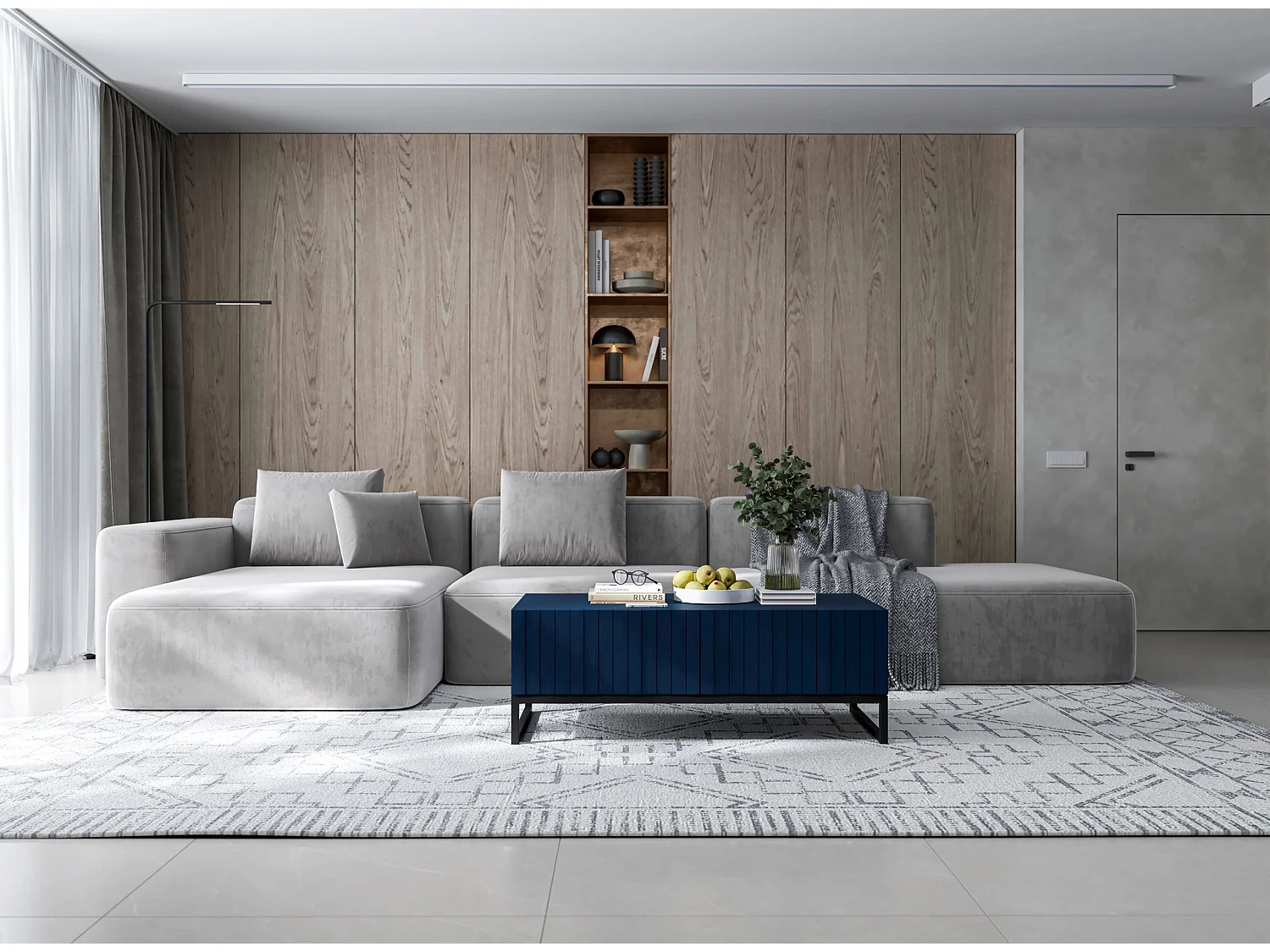 Table basse avec 2 portes - Corps Bleu marine mat, façades rainurées Bleu marine mat - 110 cm, Cadre en métal noir