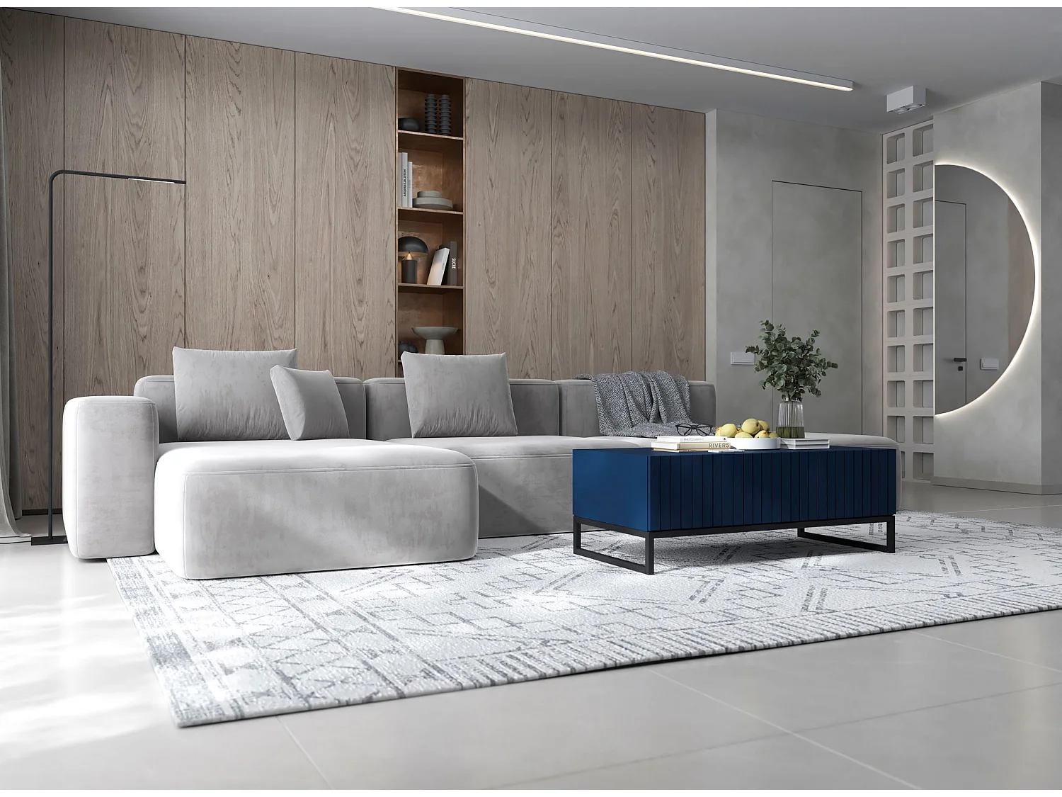 Table basse avec 2 portes - Corps Bleu marine mat, façades rainurées Bleu marine mat - 110 cm, Cadre en métal noir