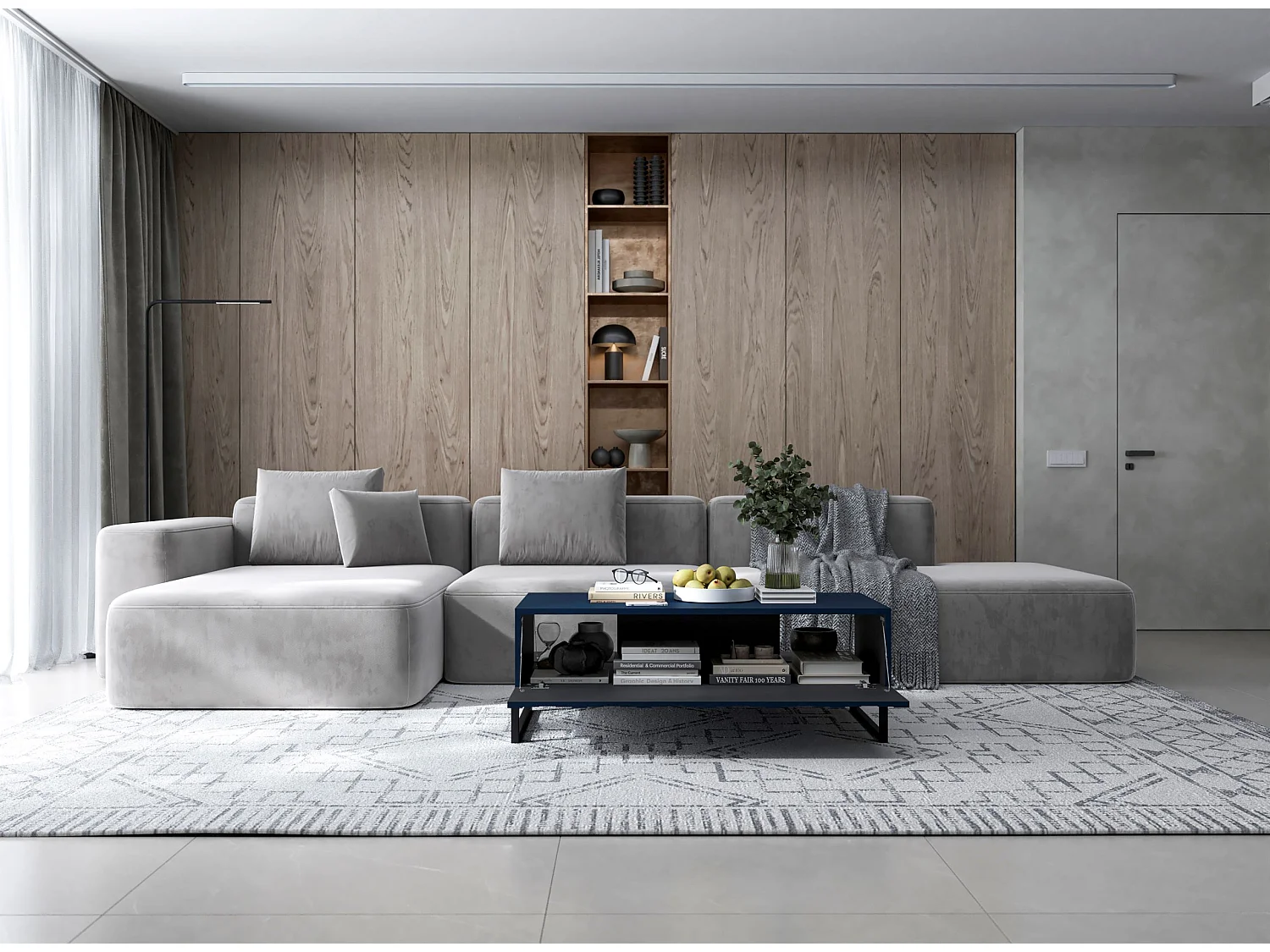 Table basse avec 2 portes - Corps Bleu marine mat, façades rainurées Bleu marine mat - 110 cm, Cadre en métal noir