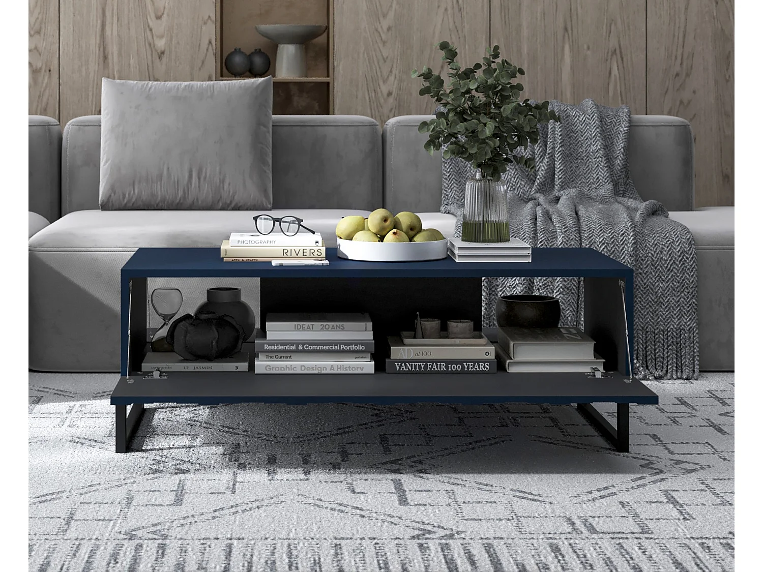 Table basse avec 2 portes - Corps Bleu marine mat, façades rainurées Bleu marine mat - 110 cm, Cadre en métal noir