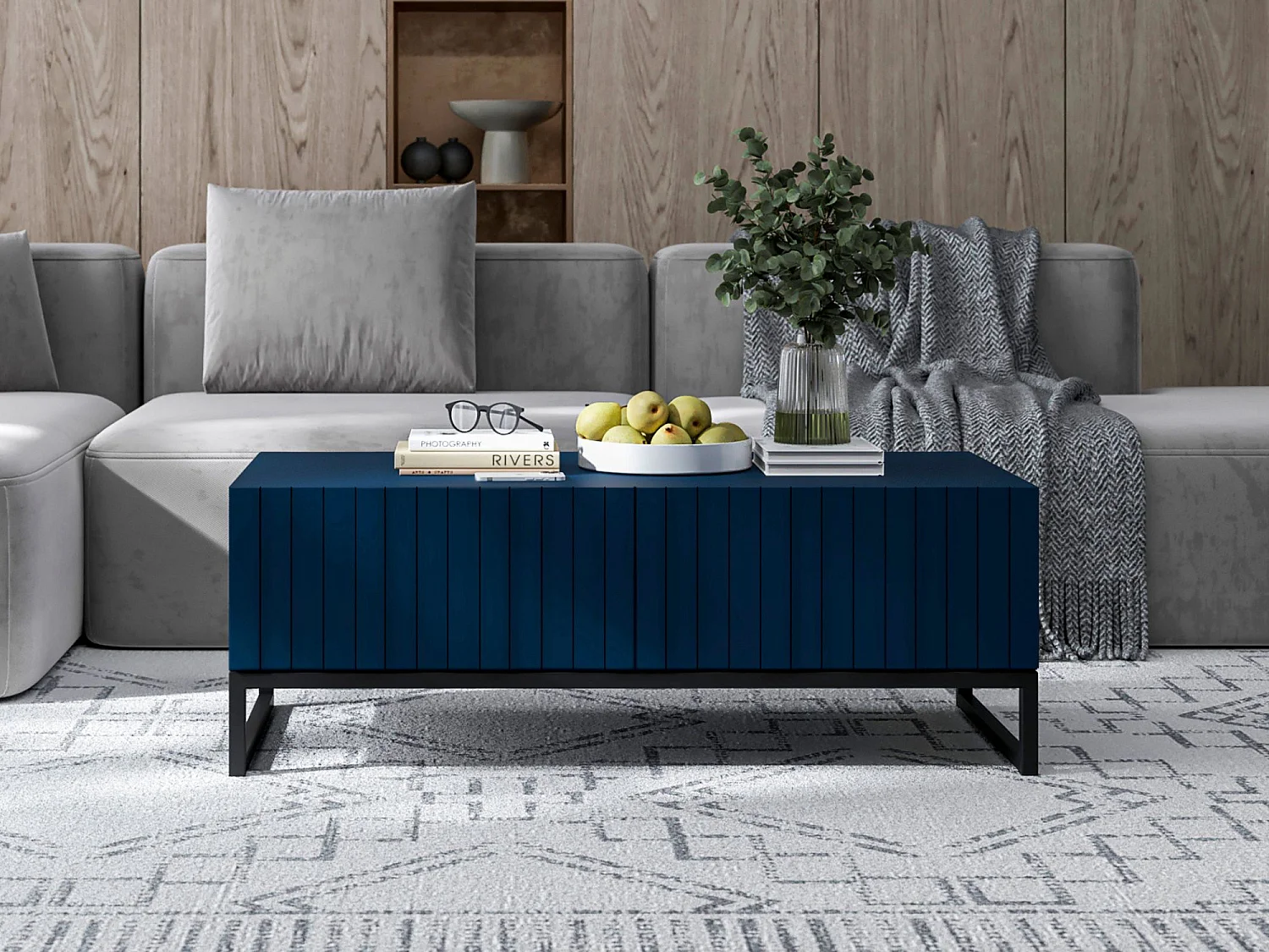 Table basse avec 2 portes - Corps Bleu marine mat, façades rainurées Bleu marine mat - 110 cm, Cadre en métal noir