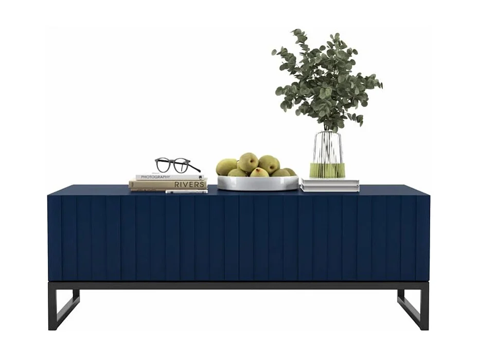 Table basse avec 2 portes - Corps Bleu marine mat, façades rainurées Bleu marine mat - 110 cm, Cadre en métal noir