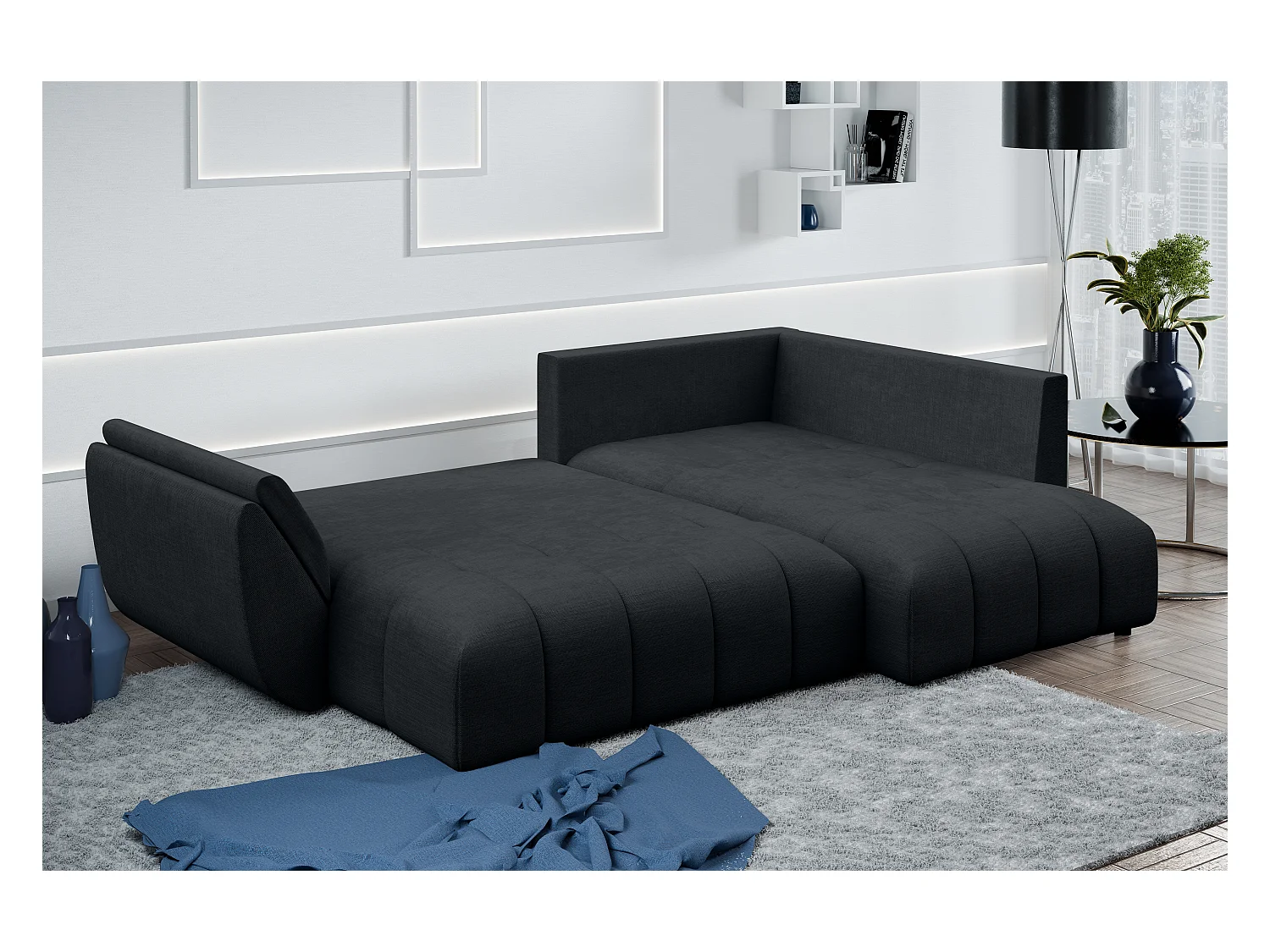 AX LIVING Kayseri anthrazit Eckschlafcouch mit Bettkasten 266 cm