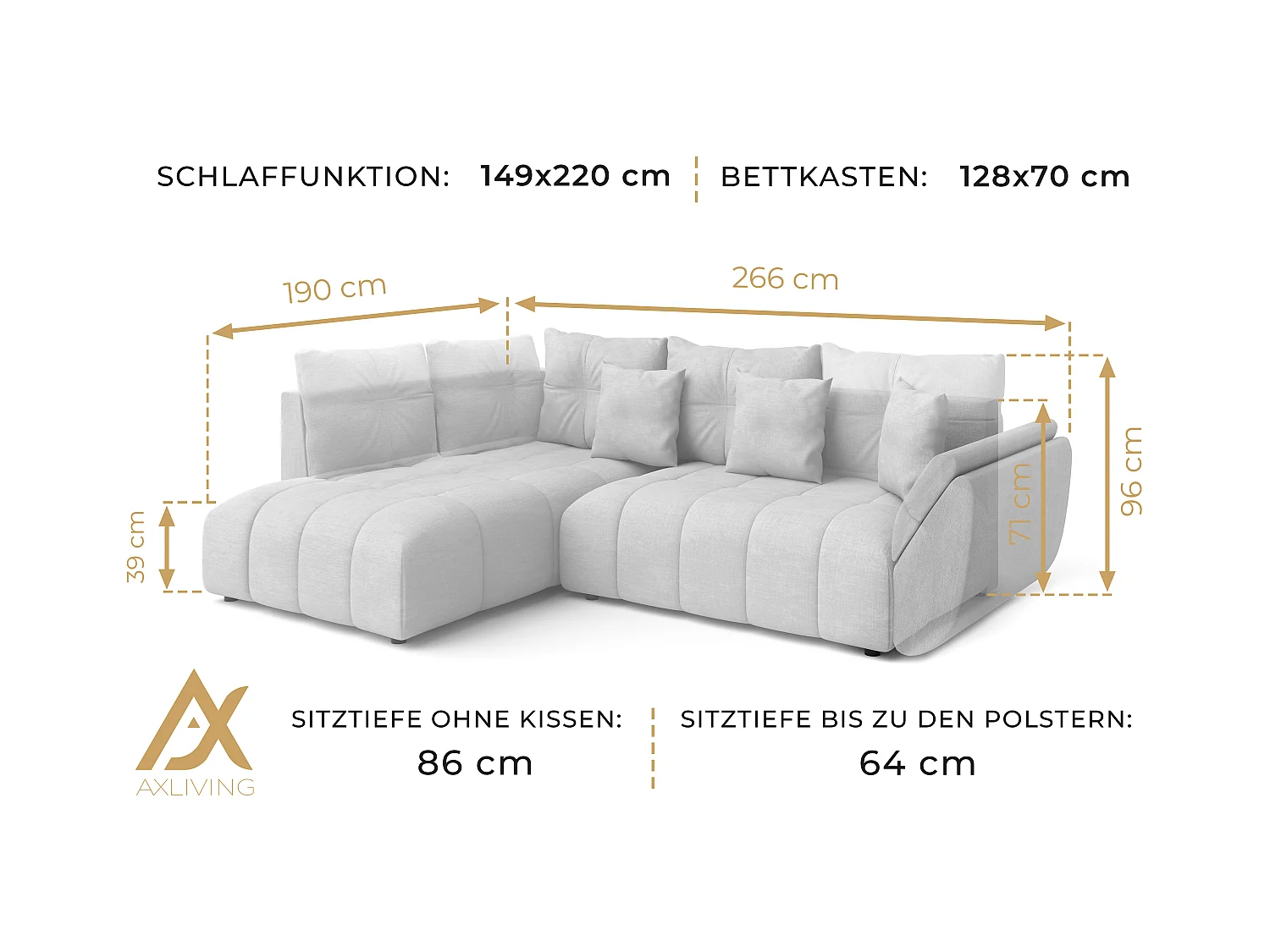 AX LIVING Kayseri anthrazit Eckschlafcouch mit Bettkasten 266 cm