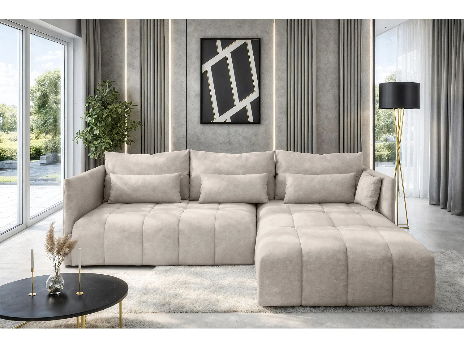 AX LIVING Canapé d’angle convertible Gaziante 245 cm beige avec coffre