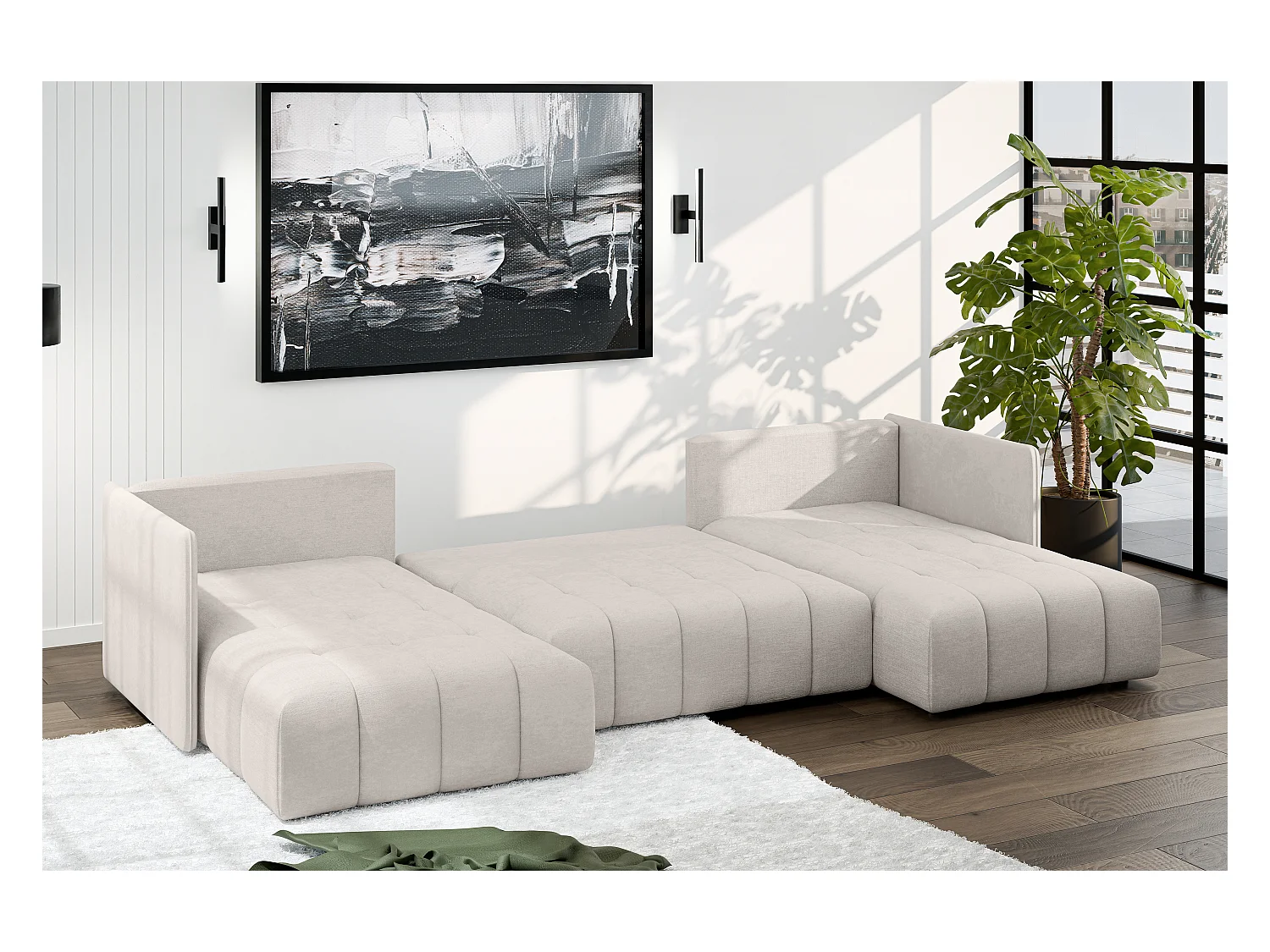 AX LIVING Hoekbank U vorm Mersino 353 cm in Beige met Bedfunctie