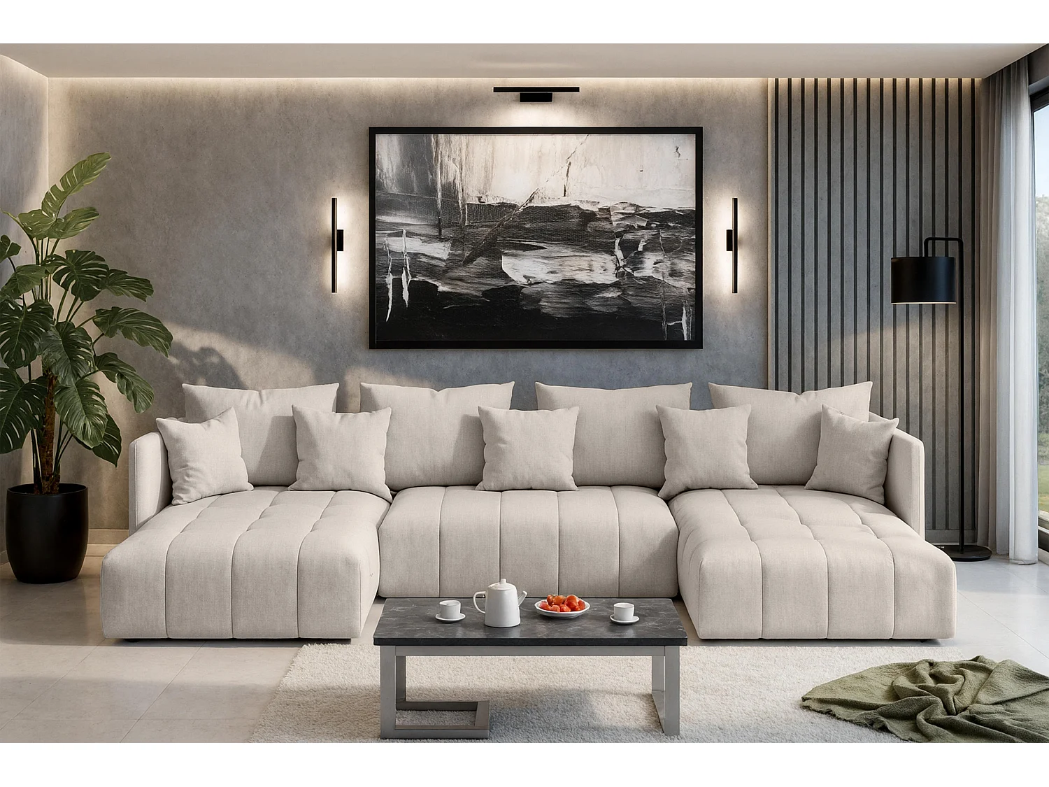 AX LIVING Hoekbank U vorm Mersino 353 cm in Beige met Bedfunctie