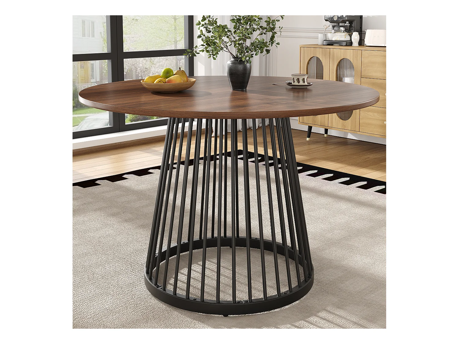 Ronde eettafel - Metalens frame - Tafelblad met houtnerf - voor 2 tot 4 personen - MDF - Zwart & Bruin