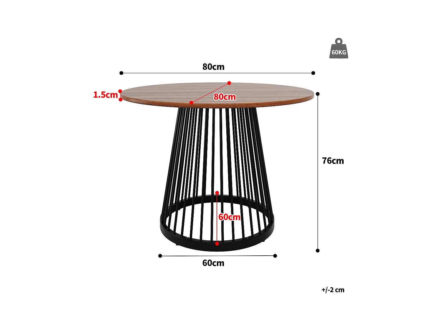 Ronde eettafel - Metalens frame - Tafelblad met houtnerf - voor 2 tot 4 personen - MDF - Zwart & Bruin