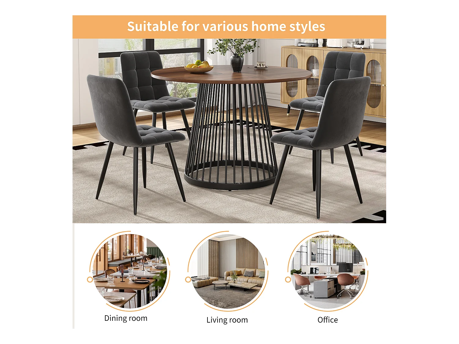 Ronde eettafel - Metalens frame - Tafelblad met houtnerf - voor 2 tot 4 personen - MDF - Zwart & Bruin