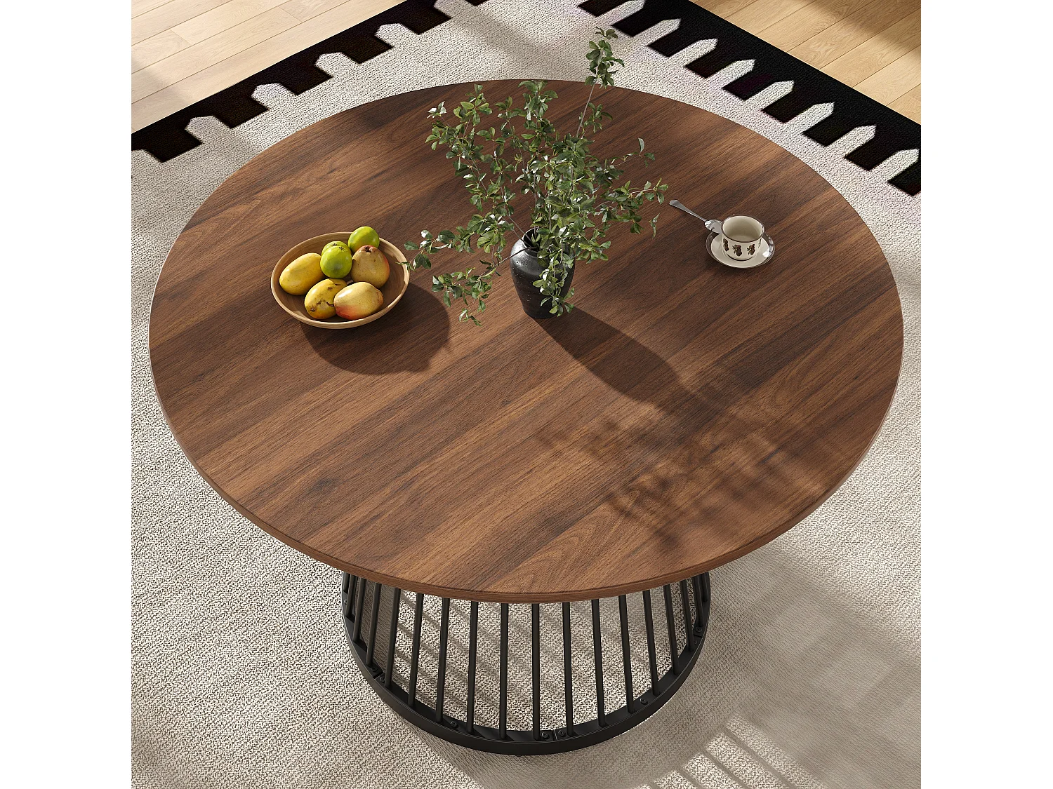 Tavolo rotondo da pranzo - Struttura in metallo - Piano tavola effetto legno - per 2-4 persone - MDF - Nero & Marrone