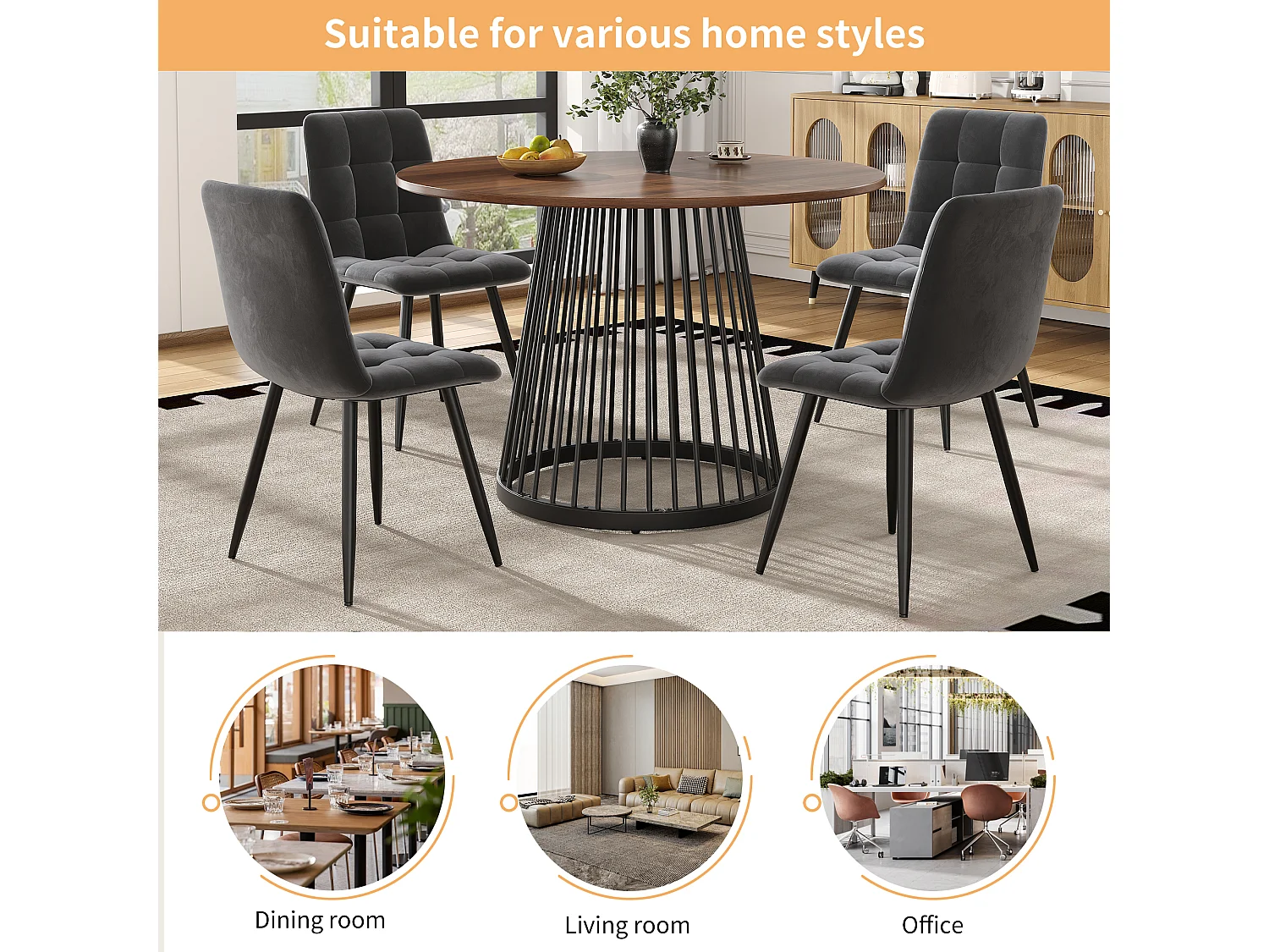 Tavolo rotondo da pranzo - Struttura in metallo - Piano tavola effetto legno - per 2-4 persone - MDF - Nero & Marrone