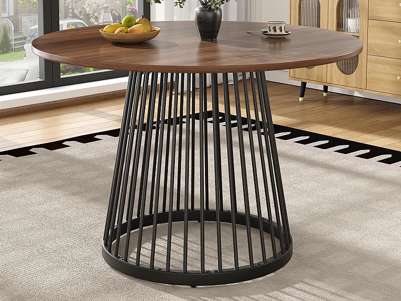 Runder Esstisch - Metallgestell - Tischplatte in Holzoptik - für 2 bis 4 Personen - MDF - Schwarz & Braun