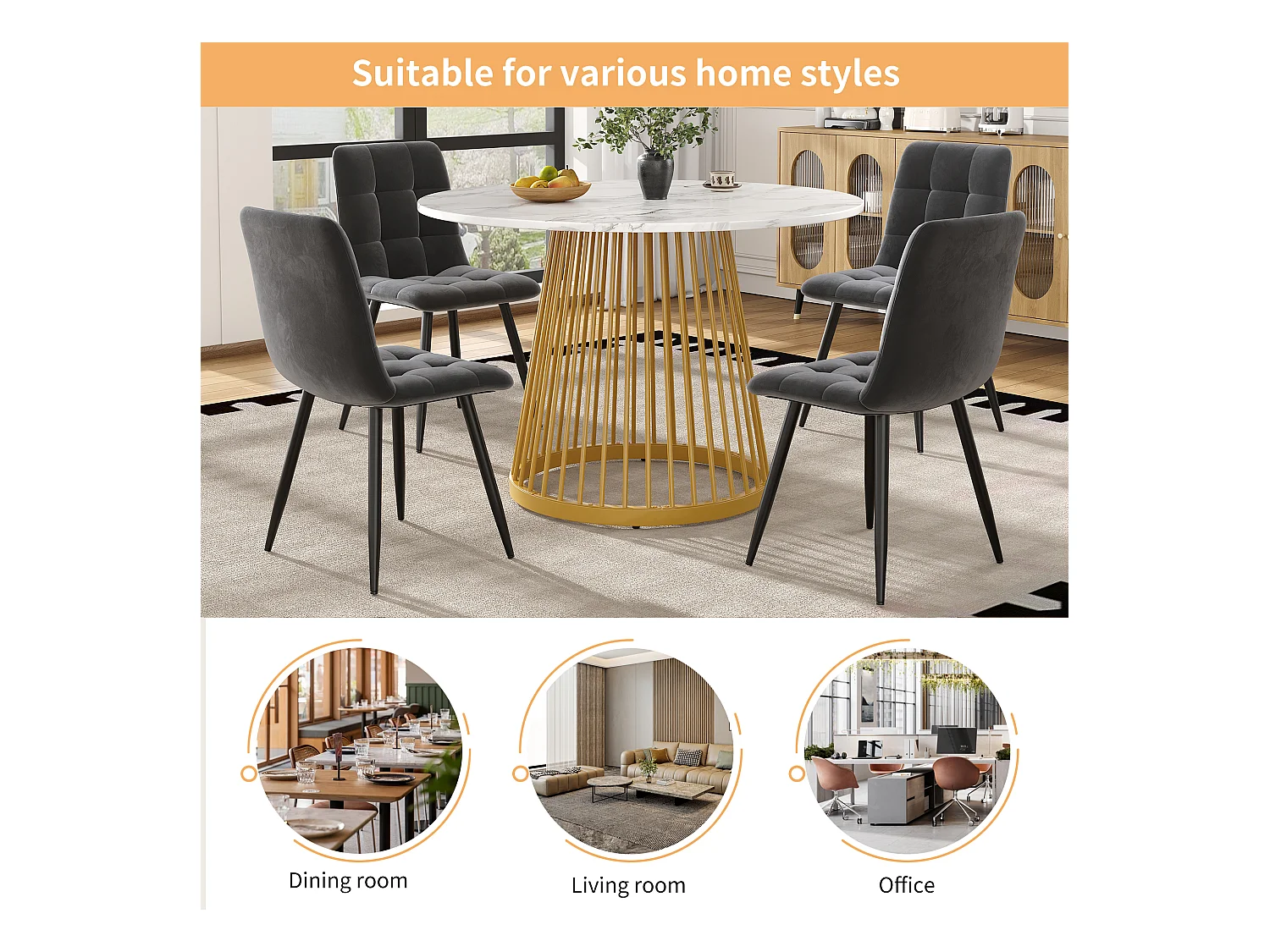 Ronde eettafel - Metalens frame - marmerpatroon - voor 2 tot 4 personen - MDF - Wit & Goud