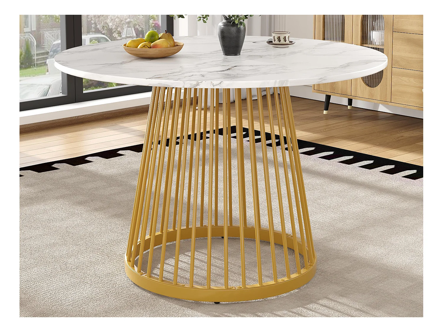 Table à manger ronde - Cadre en métal - placage à motif marbre - 2 à 4 personnes - MDF - Blanc & Doré