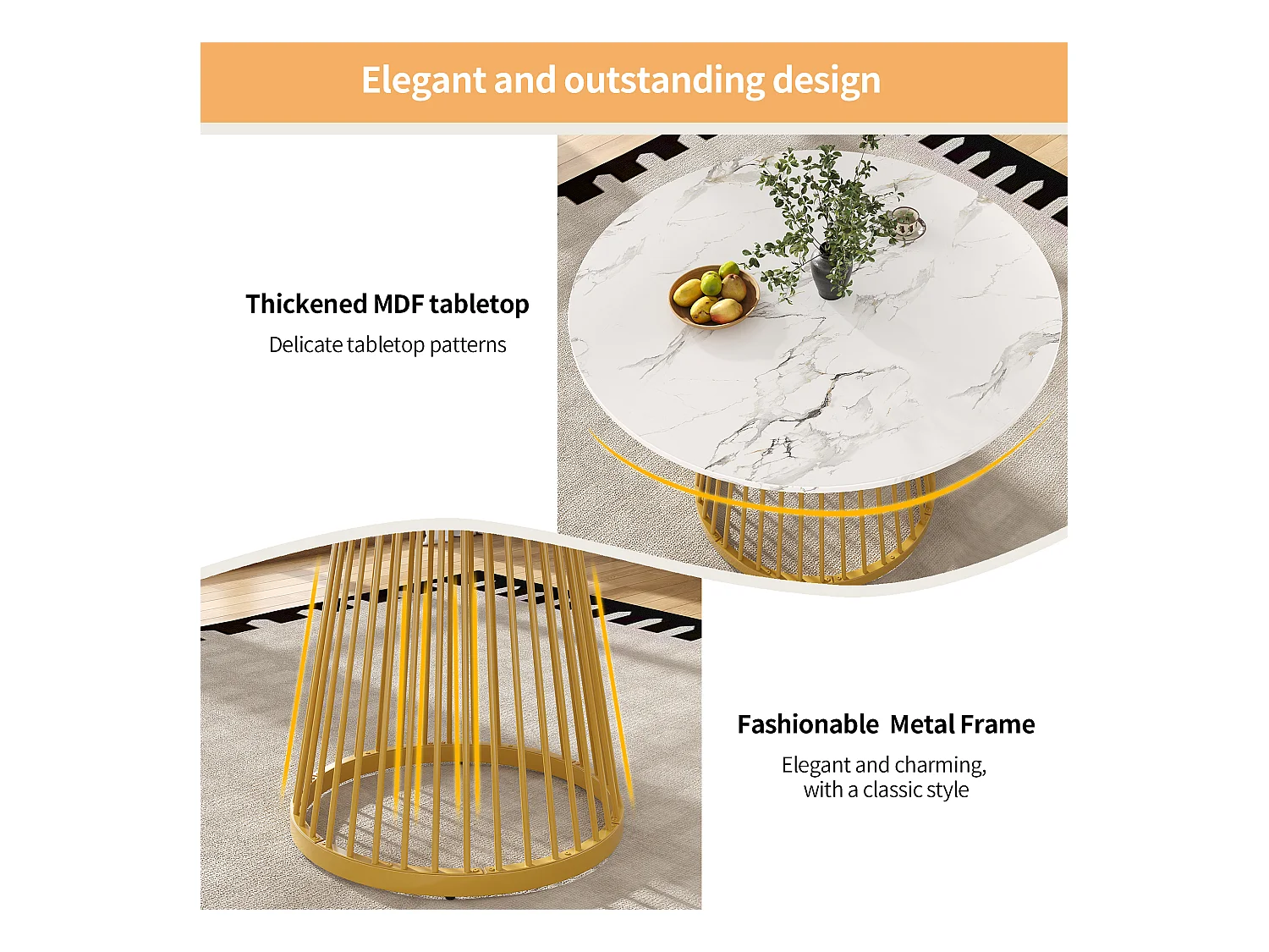 Table à manger ronde - Cadre en métal - placage à motif marbre - 2 à 4 personnes - MDF - Blanc & Doré
