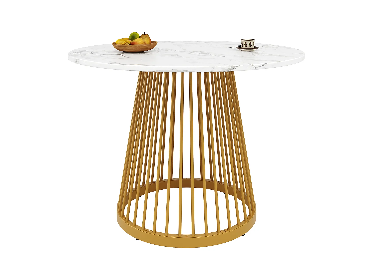 Table à manger ronde - Cadre en métal - placage à motif marbre - 2 à 4 personnes - MDF - Blanc & Doré