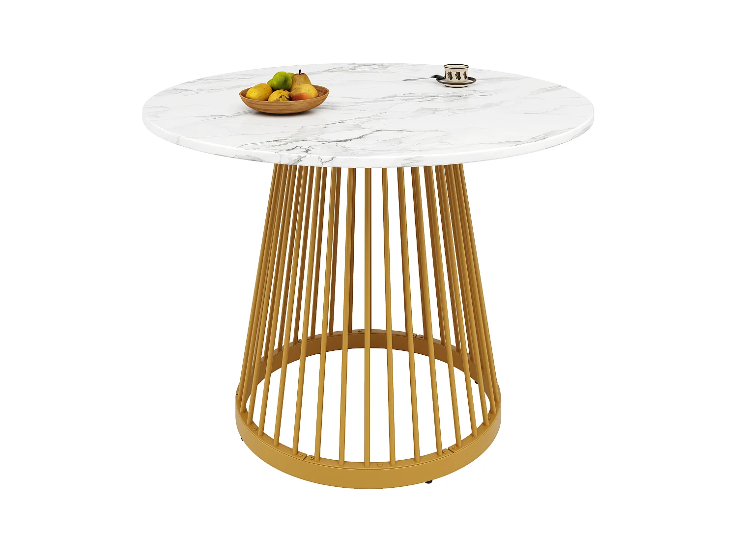 Table à manger ronde - Cadre en métal - placage à motif marbre - 2 à 4 personnes - MDF - Blanc & Doré