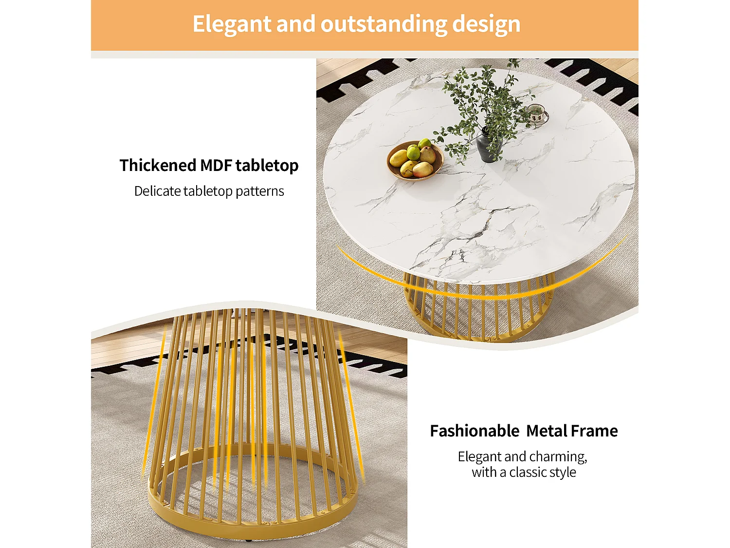 Table à manger ronde - Cadre en métal - placage à motif marbre - 2 à 4 personnes - MDF - Blanc & Doré