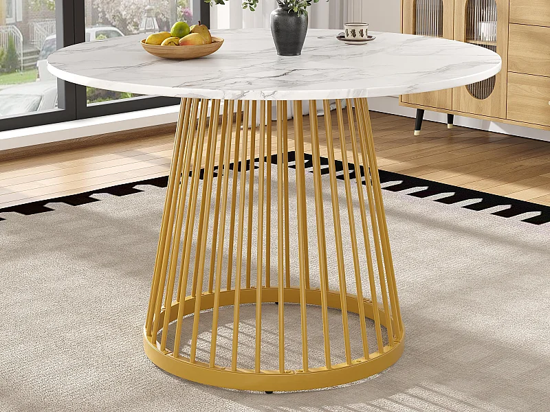 Table à manger ronde - Cadre en métal - placage à motif marbre - 2 à 4 personnes - MDF - Blanc & Doré