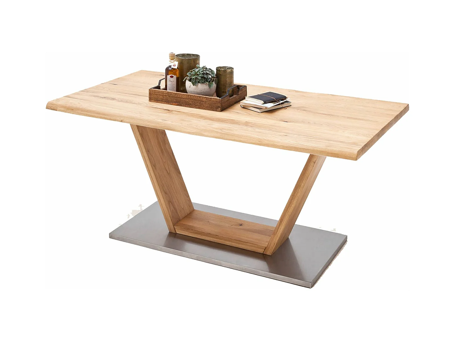 Table à manger en bois massif bord d'arbre, pieds en V - L.180 x H.77 x P.90 cm
