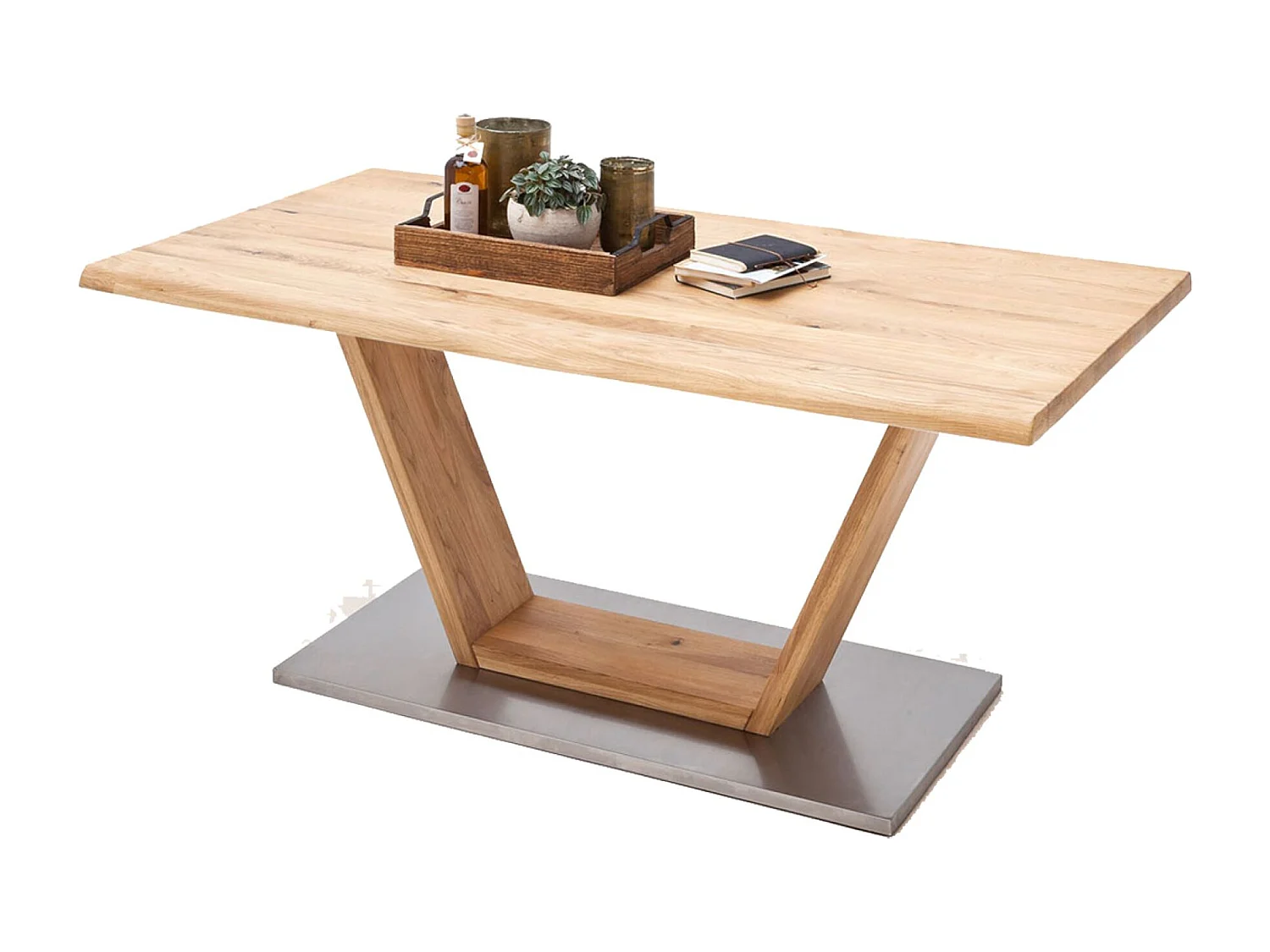 Table à manger en bois massif bord d'arbre en V - L.160 x H.77 x P.90 cm