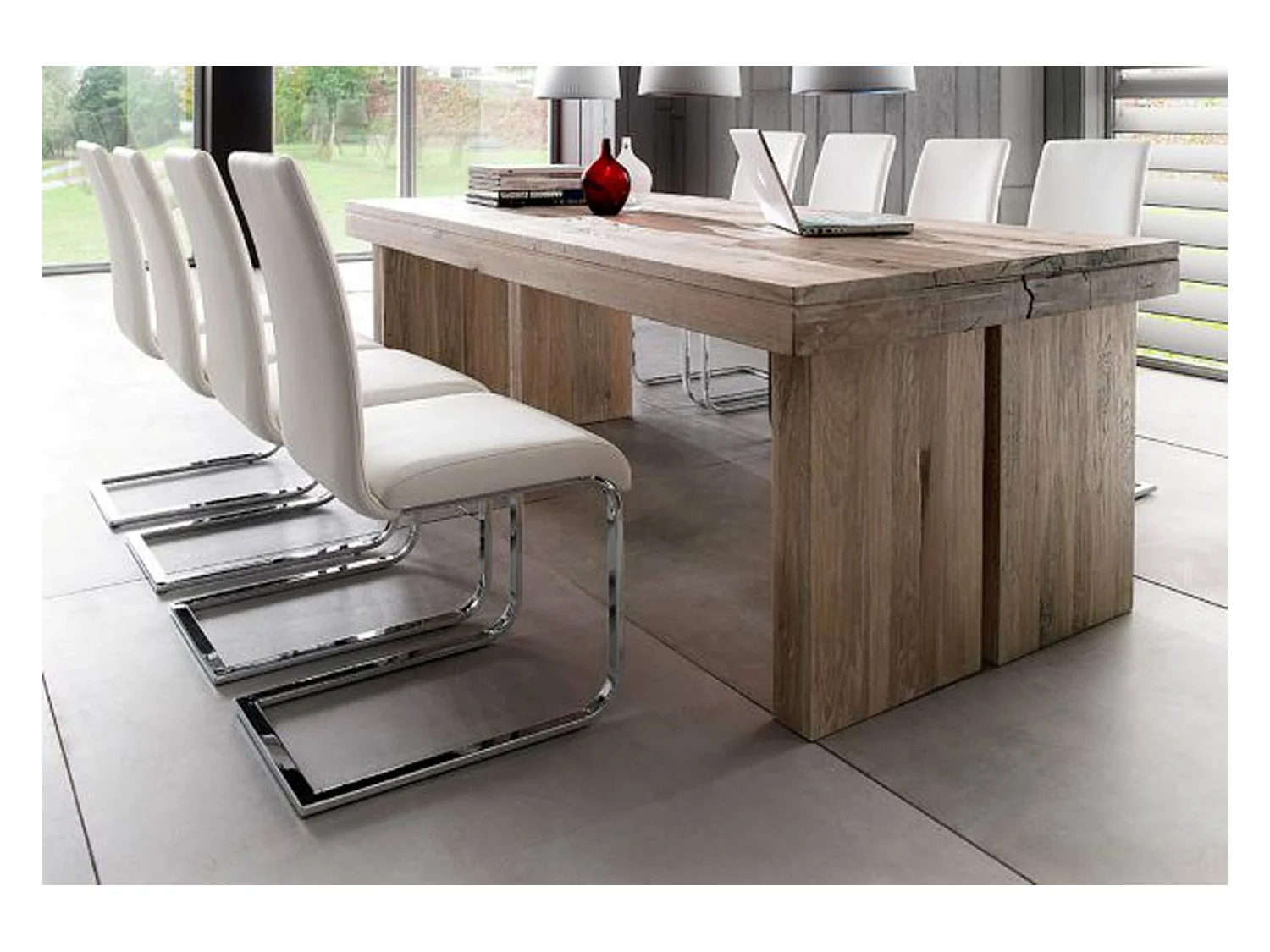 Table à manger rectangulaire en chêne chaulé laqué - L.260 x H.76 x P.100 cm