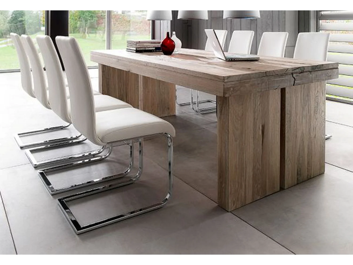 Table à manger rectangulaire en chêne chaulé laqué - L.260 x H.76 x P.100 cm