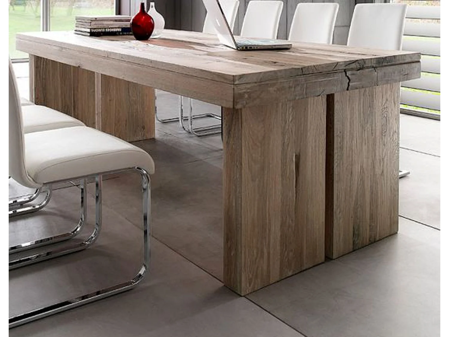 Table à manger rectangulaire en chêne chaulé laqué - L.260 x H.76 x P.100 cm