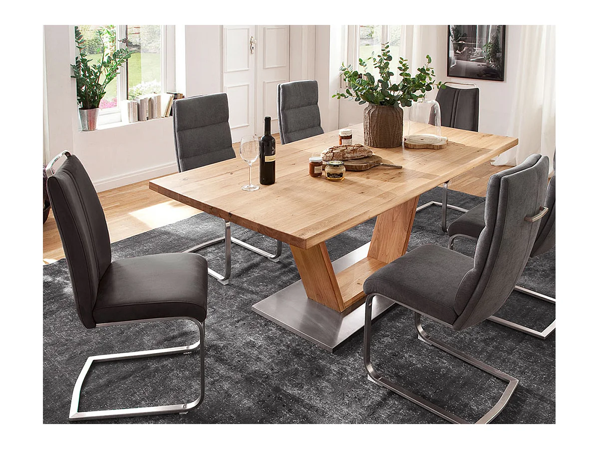 Table à manger bord droit en bois massif avec pied en V - L.200 x H.77 x P.100 cm