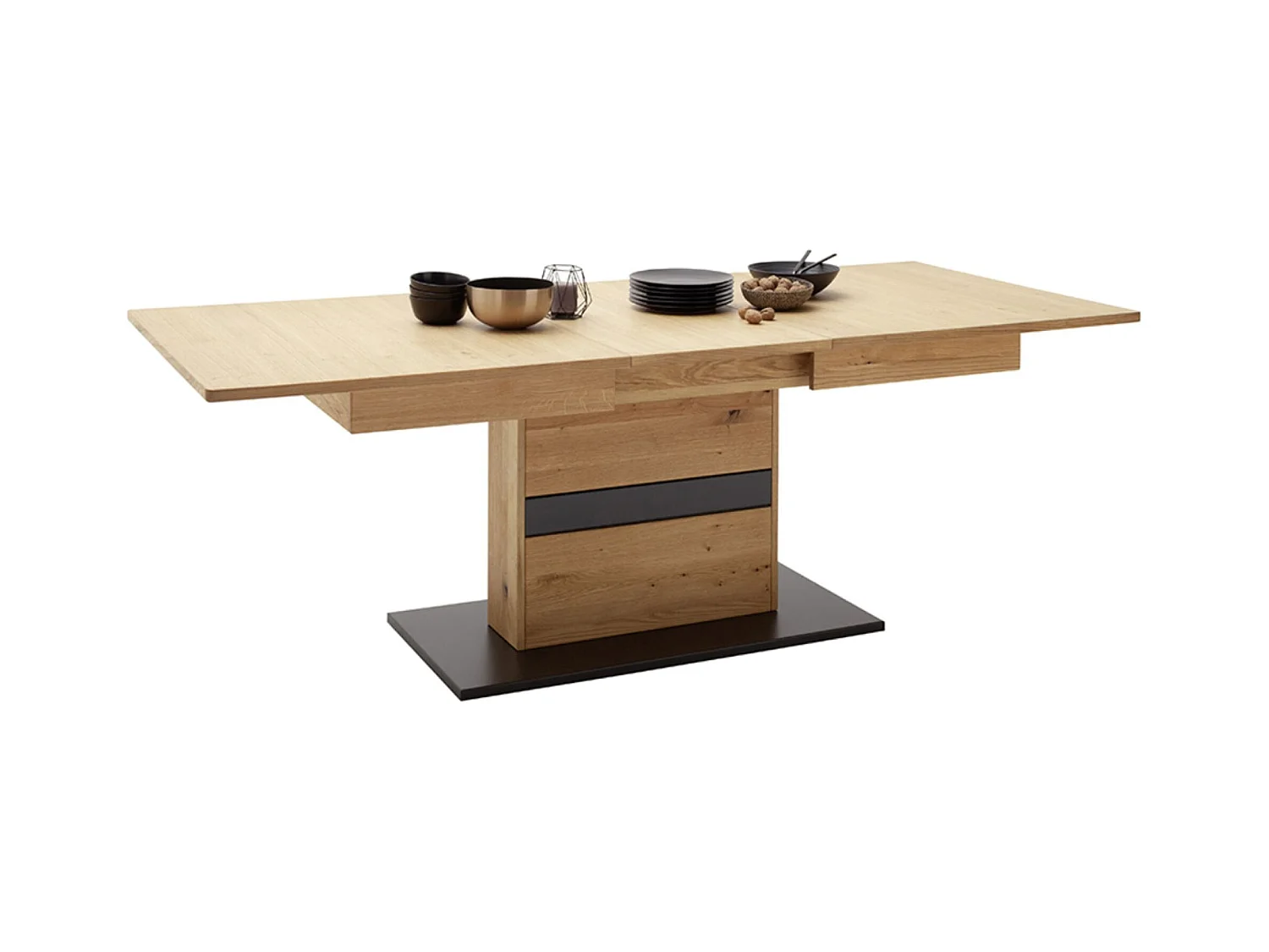 Table à manger, table de repas extensible coloris chêne sauvage, gris noir - Longueur 180-230 x Hauteur 77 x Profondeur 100 cm