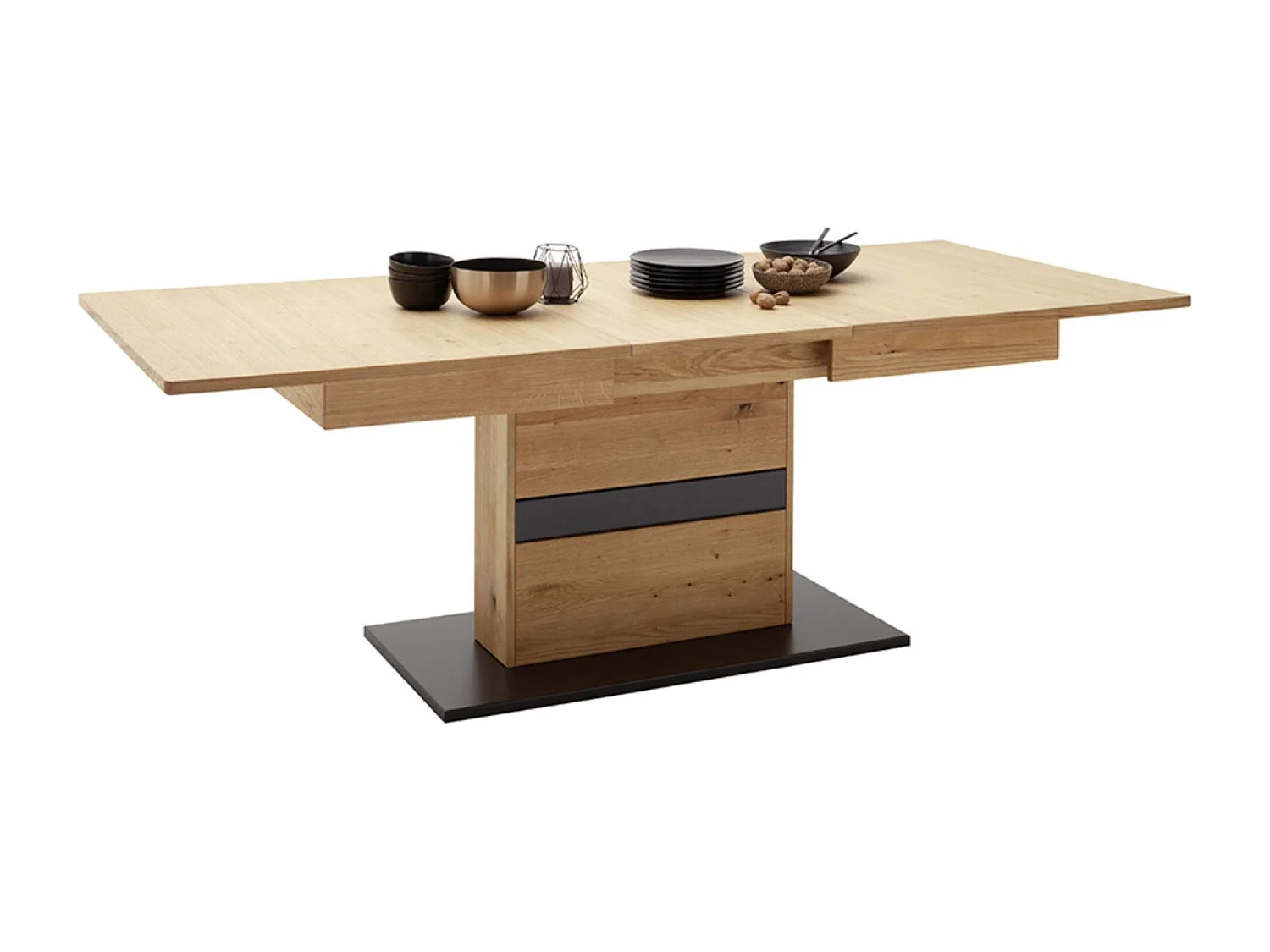 Table à manger, table de repas extensible coloris chêne sauvage, gris noir - Longueur 180-230 x Hauteur 77 x Profondeur 100 cm