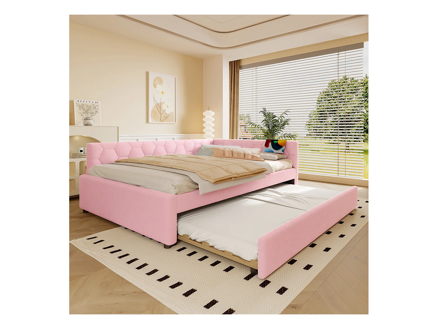 Sofa dziecięca rozkładana - 140 x 200 cm + 90 x 190 cm - z lampką nocną + USB - aksamitna - różowa