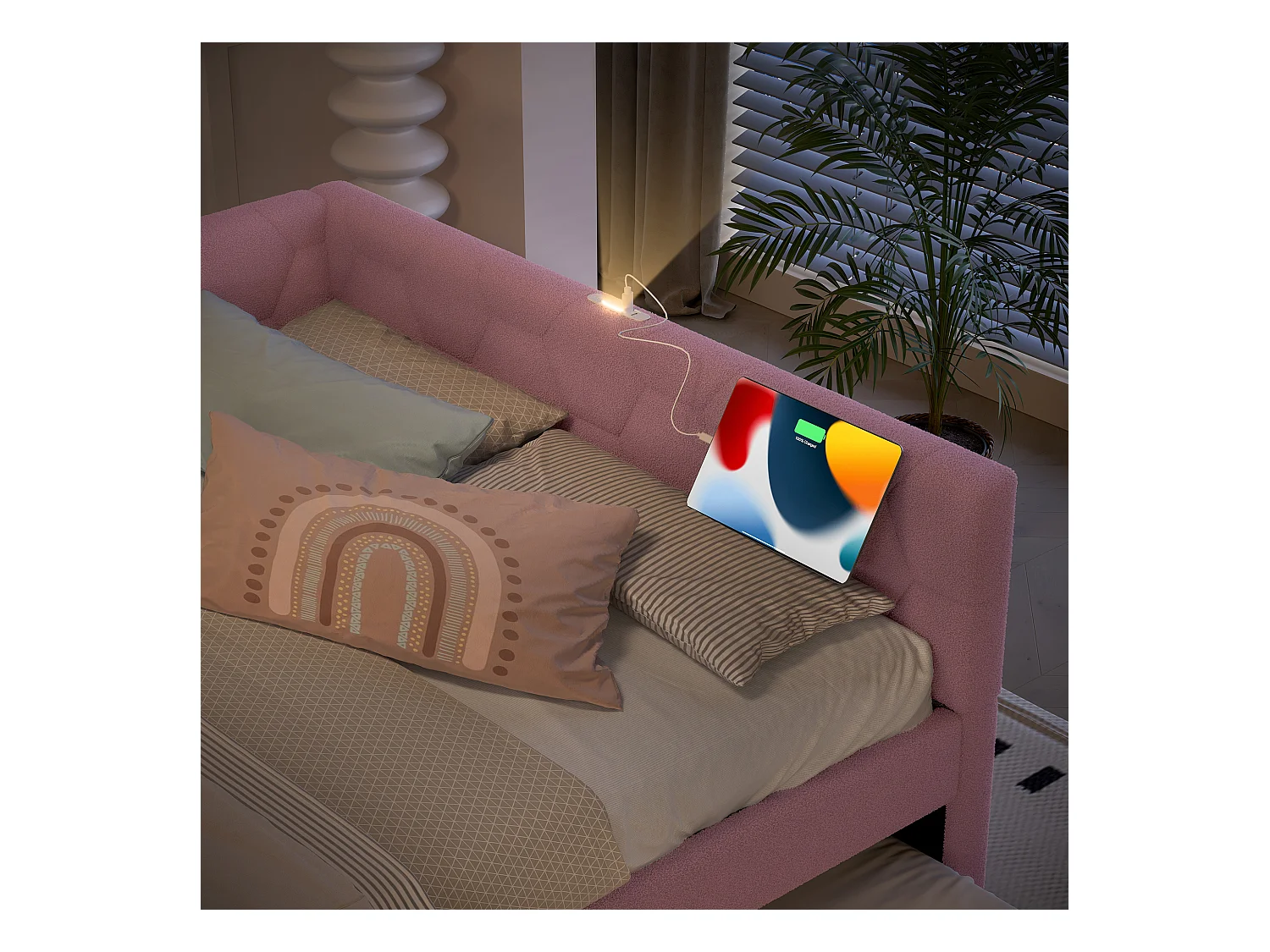 Sofa dziecięca rozkładana - 140 x 200 cm + 90 x 190 cm - z lampką nocną + USB - aksamitna - różowa