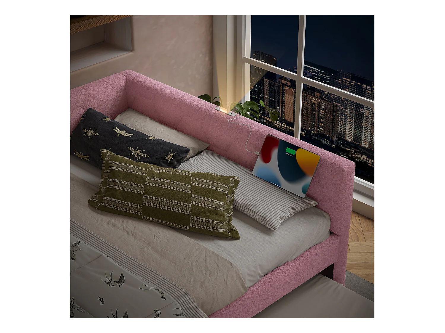 Sofa dziecięca rozkładana - 140 x 200 cm + 90 x 190 cm - z lampką nocną + USB - aksamitna - różowa