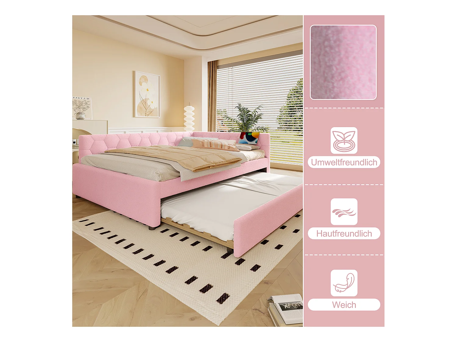 Kinder-Ausziehsofa - 140 x 200 cm + 90 x 190 cm - mit Nachttischlampe + USB - Samt - rosa