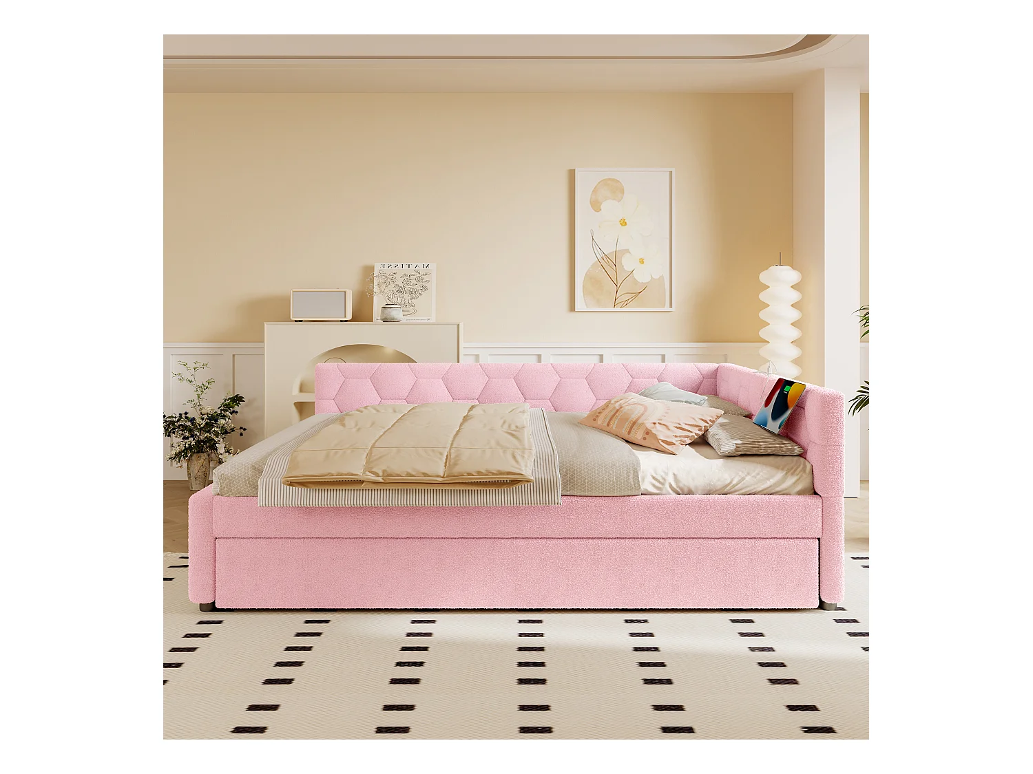 Kinder-Ausziehsofa - 140 x 200 cm + 90 x 190 cm - mit Nachttischlampe + USB - Samt - rosa